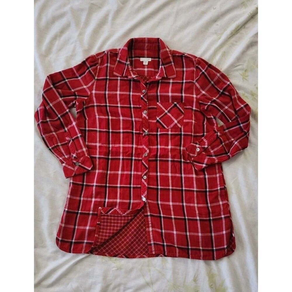 J. Jill SP Red Plaid Button Down Top Long Sleeves Fall Winter Holiday Preppy